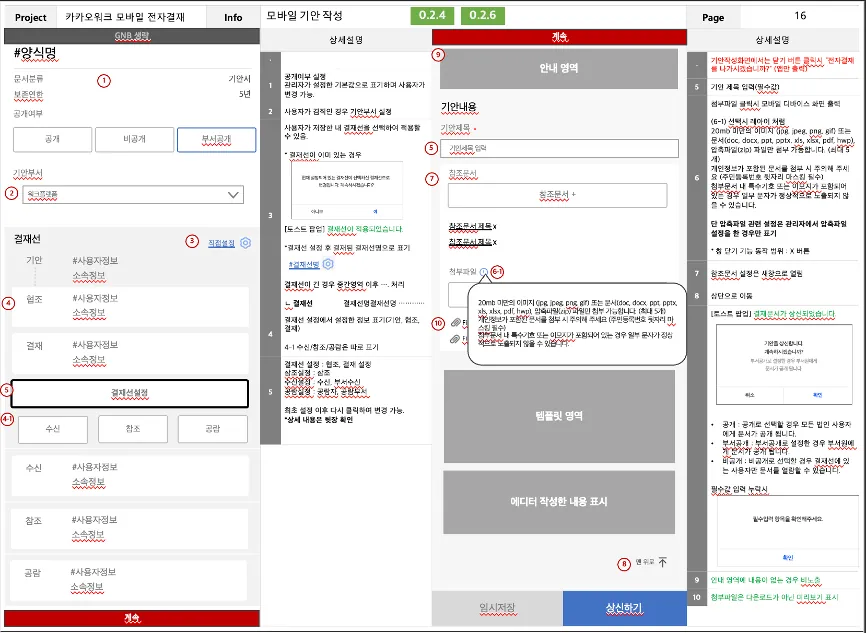 카카오워크 전자결재 모바일 화면정의서 — 기안 작성 화면의 공개 여부, 결재선 설정, 참조 문서, 첨부 영역과 번호별 상세 설명