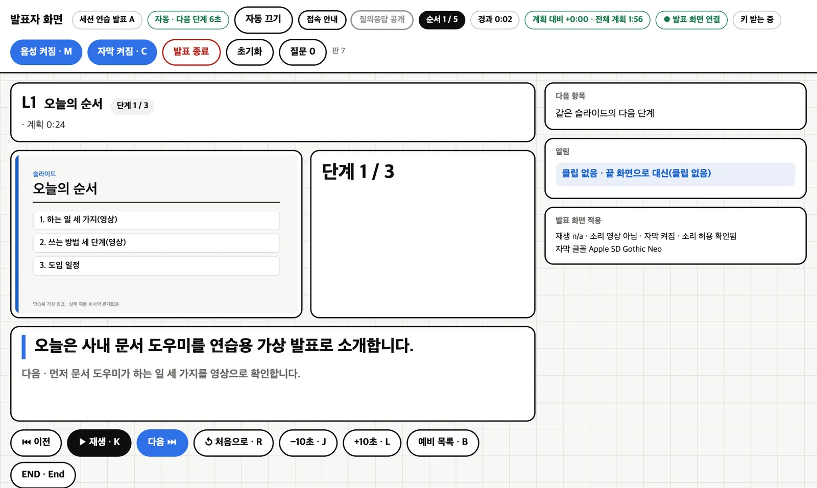 발표자 화면. 위쪽에 세션 이름, 자동 진행, 접속 안내, 순서, 경과 시간, 계획 대비, 발표 화면 연결 상태, 음성·자막 켜짐 단추가 있고, 가운데에 현재 슬라이드 미리보기와 단계 표시, 발표자 노트, 오른쪽에 다음 항목·알림·발표 화면 적용 상태, 아래쪽에 이전·재생·다음 등 조작 단추가 있다. 슬라이드는 연습용 가상 발표 자료다.