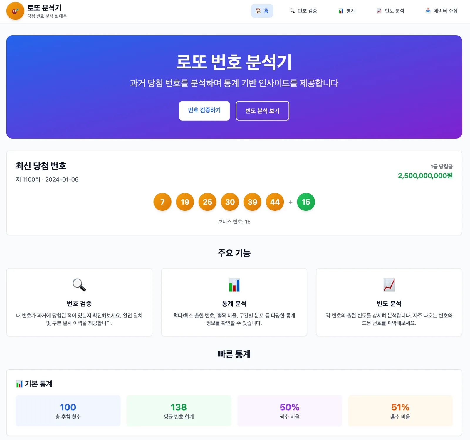 로또 번호 분석기 데모 첫 화면 — 최신 당첨 번호, 번호 검증·통계 분석·빈도 분석 기능 카드, 기본 통계